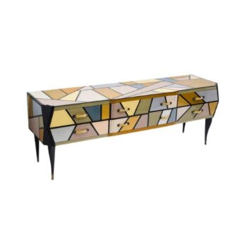 Mid-Century Modern Italian Wood & Colored Glass Accent Cabinet