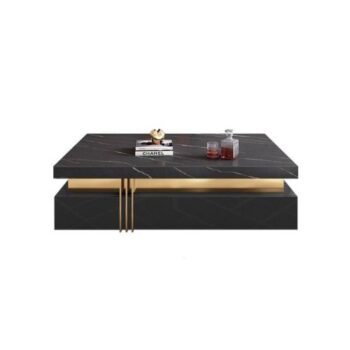 Modern Black Square Storage Coffee Table with Stone Top