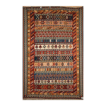 Traditional Multicolor Woven Rug with Horizontal Bands and Ornamental Border